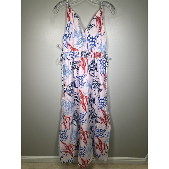 LOFT‎ Double Side Tie Maxi Dress S Fish Pink Beachy Tropical Cotton Airy Smocked - Picture 1 of 7